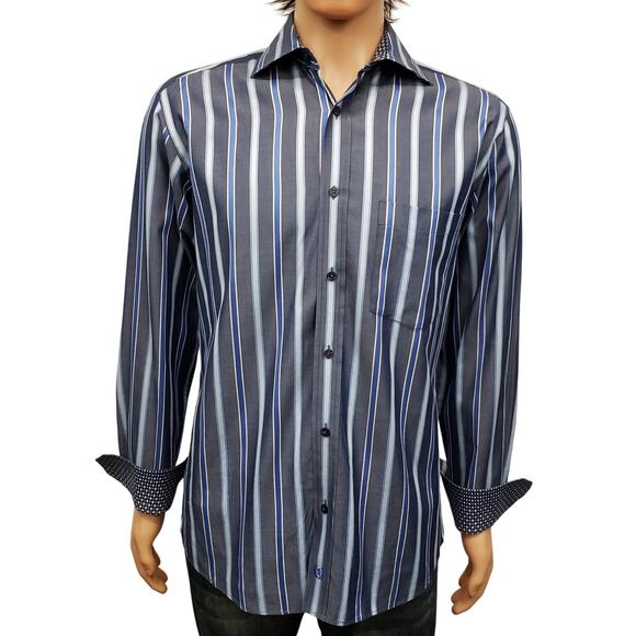 Bugatchi Uomo Dress Shirt Blue Striped Contrast Flip Cuff Long Sleeve Men M - Picture 1 of 13